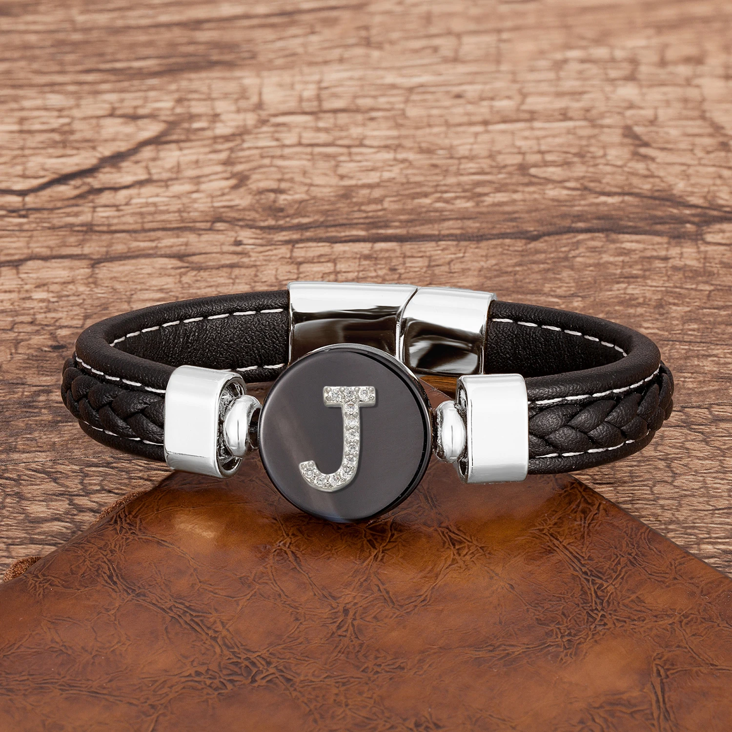 A-z Initial Letter Bracelet For Men 26 Zircon Letter Charm Bracelets Black Braided Leather Rope Chain Bangles Man Gifts