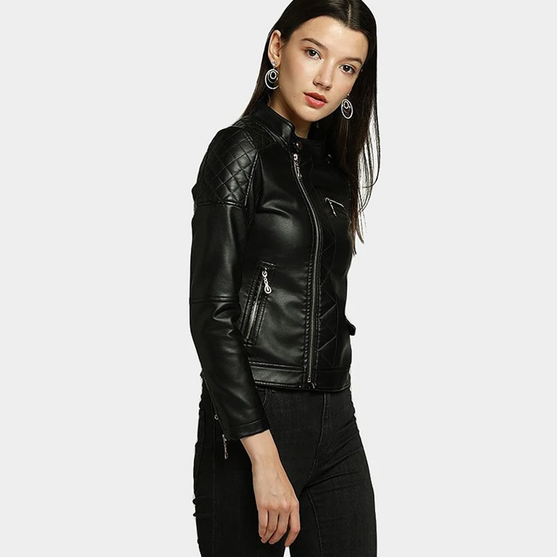 New Fashion Women Autumn Winter Black Faux Leather Jackets Zipper Basic Coat Standing collar Biker Jacket