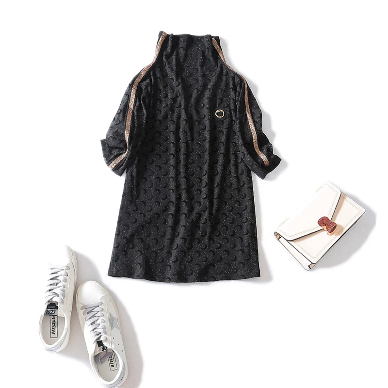 

Camisetas Verano Mujer 2019 High-necked Hollow Moon Figure Slim High-elastic Nine-point Sleeve Bottoming Women Shirt Lace Autumn
