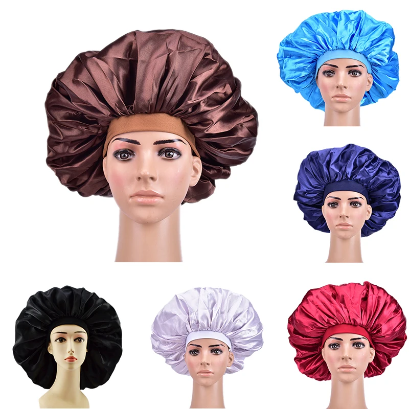 Extra Large Print Satin Silky Bonnet Sleep Cap With Premium Elastic Band For Women Solid Color Head Wrap