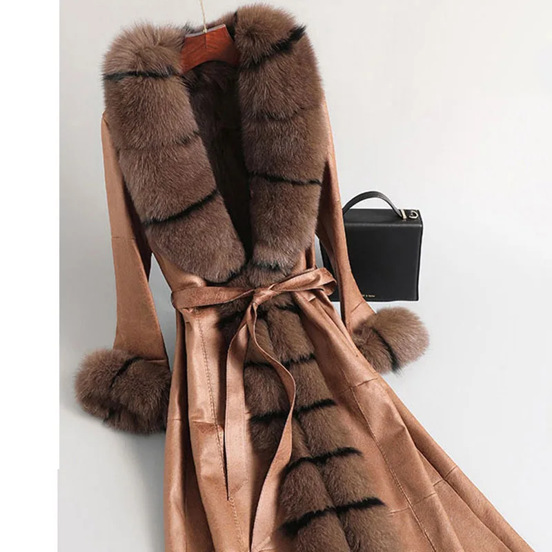Высококачественное замшевое меховое Женское пальто, повседневное пальто размера плюс 5XL, толстое теплое пушистое пальто с воротником из лисьего меха, длинная куртка, пальто, верхняя одежда N2353