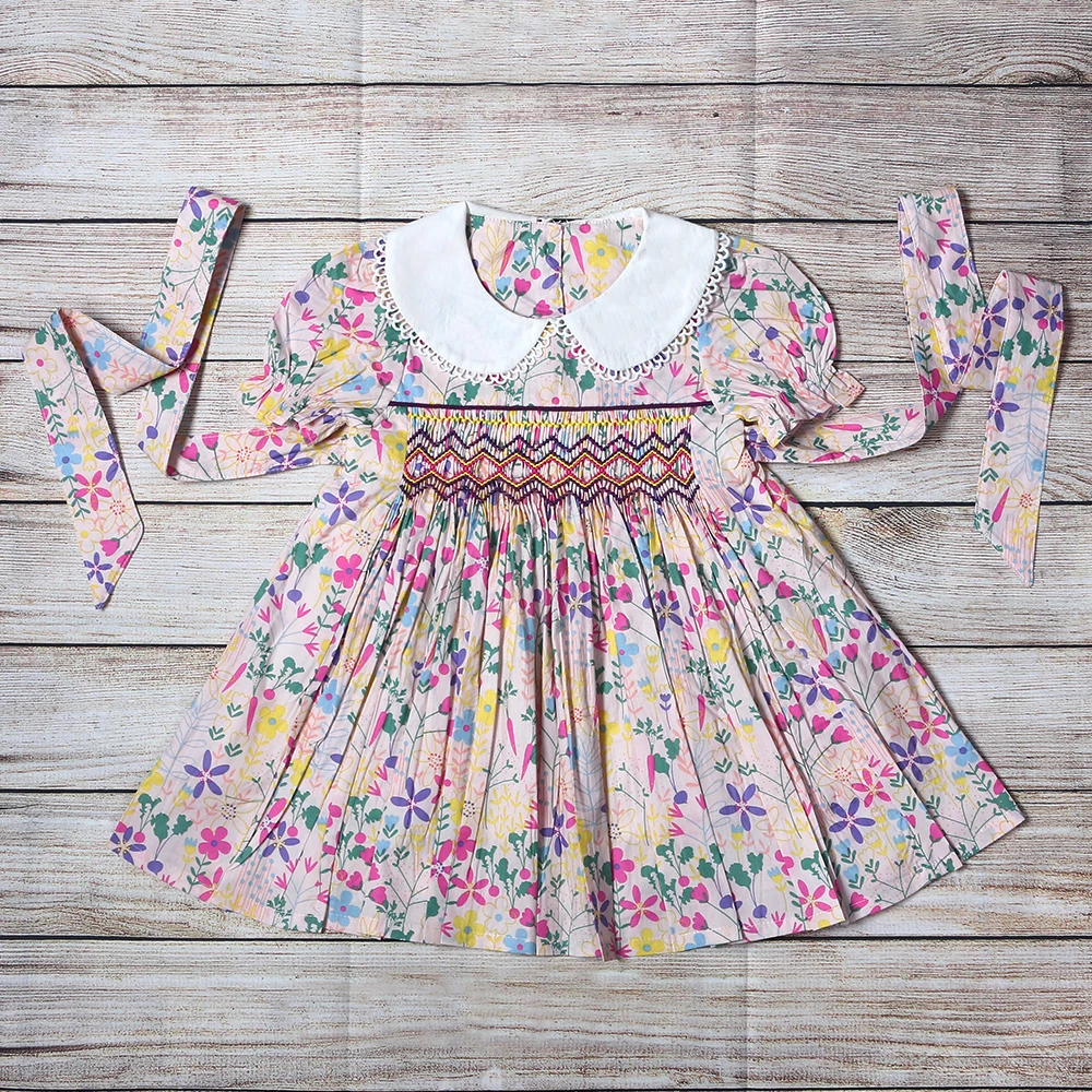 Boutique  Smock Hand Embroidery Cute Chick Dress Kids Girl Short Sleeve Child Wear Princess Pink Dress For Girls baby girl doll skirt