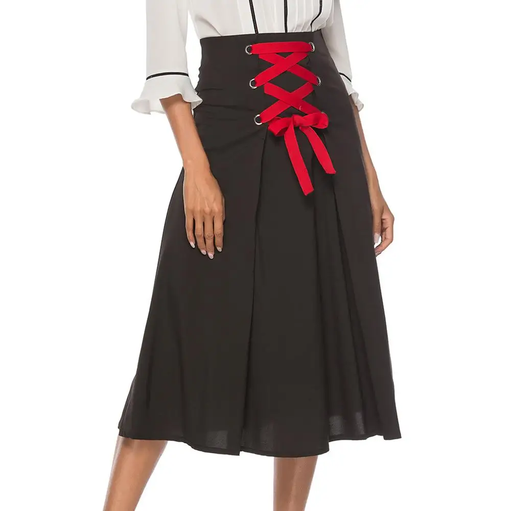 Осенние женские юбки, винтажные, на шнуровке, офисные, женские, однотонные, свободные, женские юбки, сексуальная, высокая талия, повседневная, средняя удлиненная юбка, Feminina A4