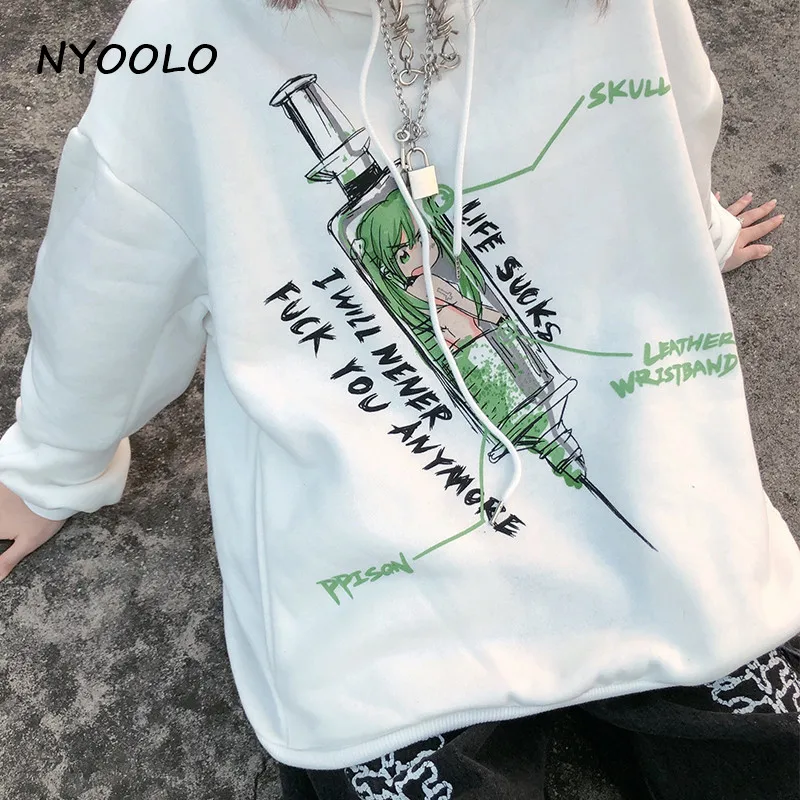 NYOOLO Harajuku уличная аниме needle girl с буквенным принтом толстовки осень зима с капюшоном пуловеры утолщенная теплая Толстовка для женщин и мужчин