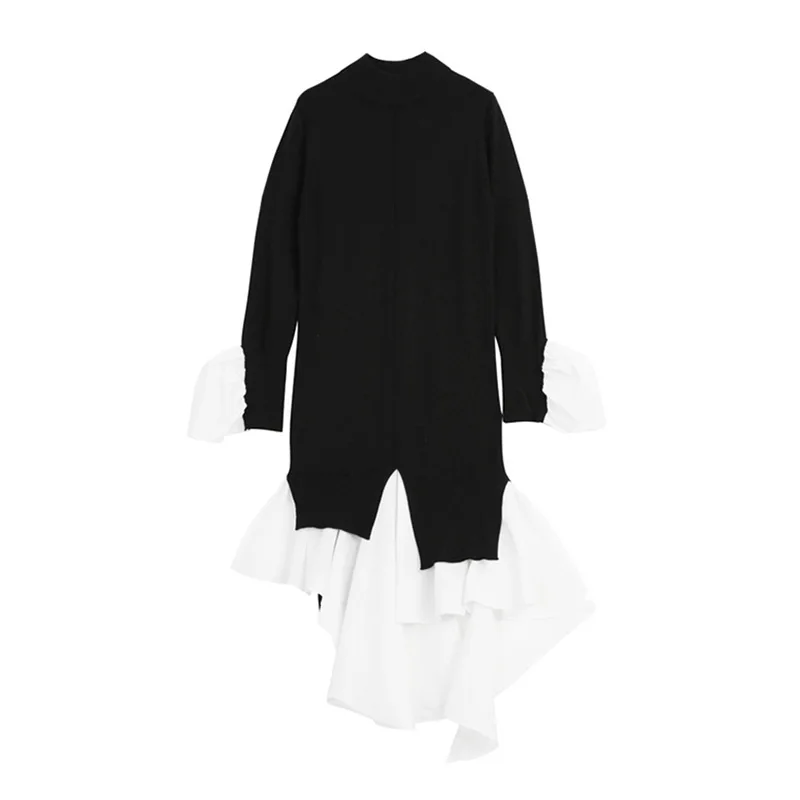 

2019 Loose Thin Round Neck Irregular Ruffle Stitched Knitted Dress Medium Length Dress Pullovers Winter Clothes Dress Women