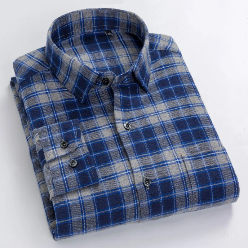 

Cotton Flannel Shirt Men Spring Autumn Plaid Shirt Men Shirt Long Sleeve Edition Casual Cotton Middle-aged Shirt Plus Size
