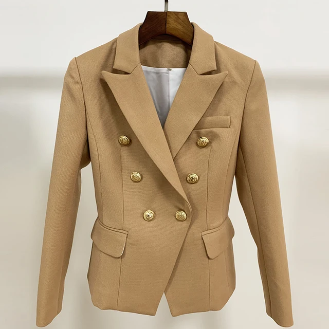 HIGH STREET 2021 New Fashion Designer Blazer Women's Lion Buttons Double Breasted Pique Blazer Jacket Brown 3