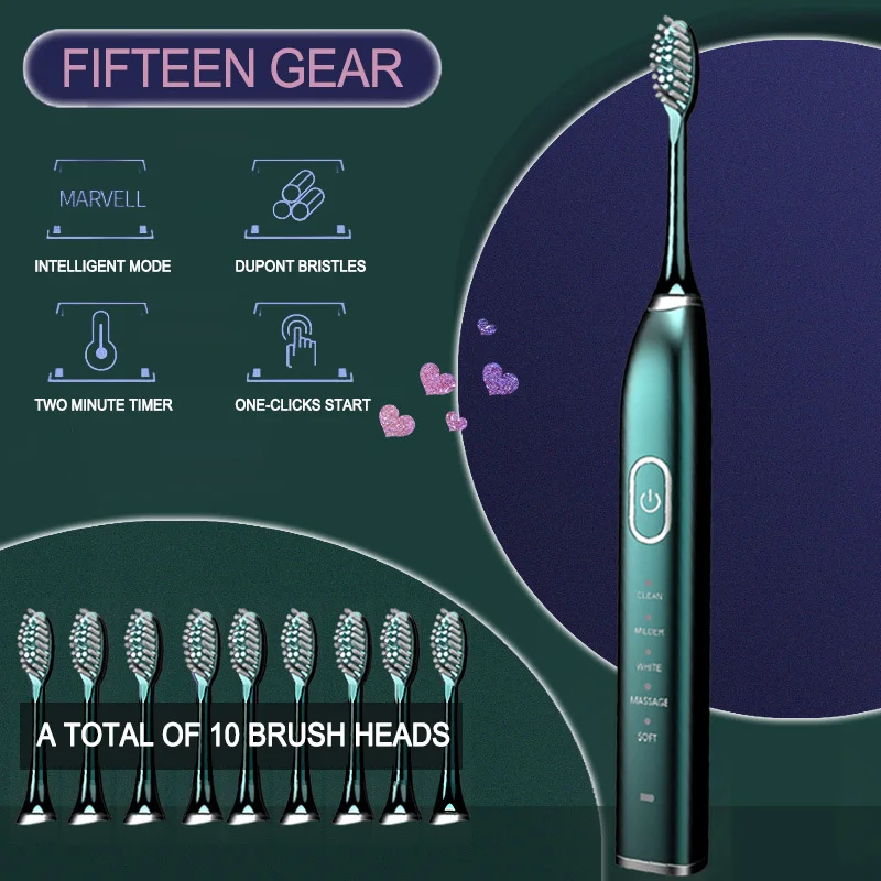 Ultrasonic Electric Toothbrush Sonic wave 360° Teeth Brush For Adult Waterproof IPX7 With 10