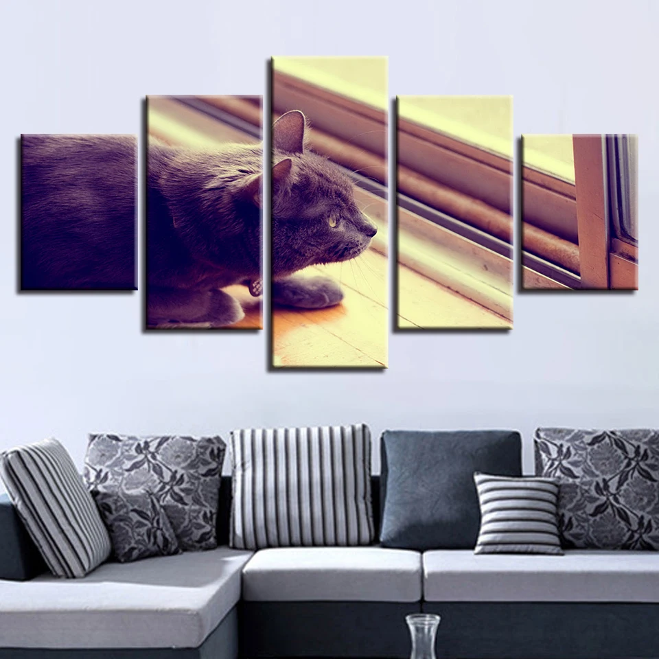 

Modern Wall Art Modular Poster HD Printed Canvas 5 Panel Window Animal Cat Living Room Pictures Home Decor Painting Frame