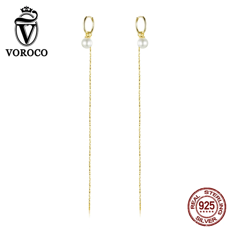 VOROCO BNE325 925 пробы серебряные висячие серьги с золотым жемчугом длинные висячие серьги для женщин гипоаллергенные ювелирные изделия
