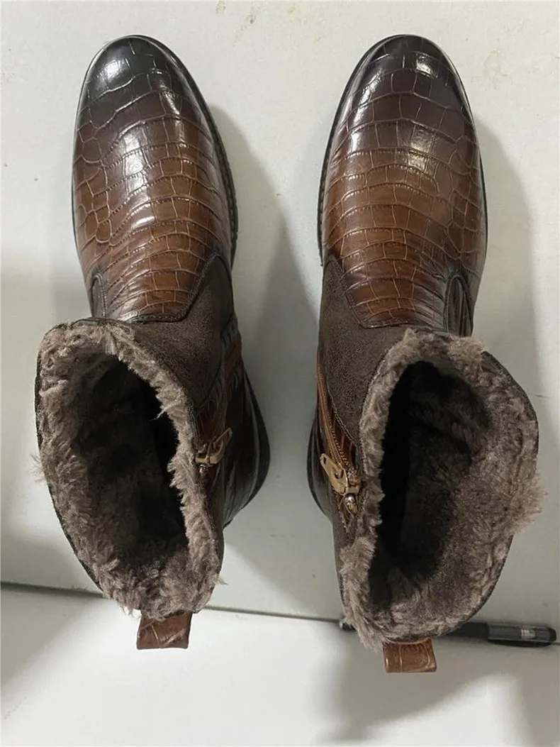 Men Genuine Leather Boots Fur Anckle Boots Plush Warm Winter Boots Genuine Leather Pointed Toe Boots Men Business Formal Boots (5)