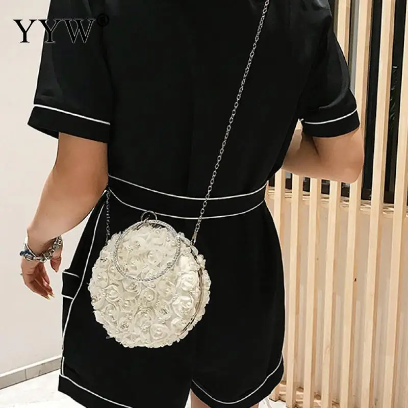Black Floral Round Clutch Bag Female Elegant Evening Round Circle Ring Handbags Rhinestone Wedding Pouch Party Cocktail Clutches