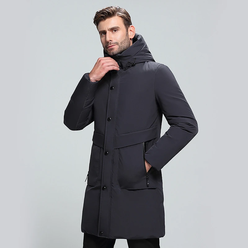 New Men's Black White Down Jacket Fashion Long Hooded Solid Color Thick Winter Warm Gray Jacket Brand Men's Clothing,555