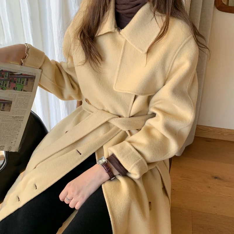 [EWQ] Korean Chic Temperament Lapel Double Breasted Lace Up Waist Over Knee Long Double-sided Woolen Coat Women 2022 16E4985 | Женская