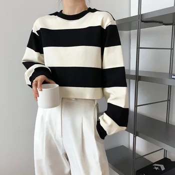 

Black White Striped Short Knitted Woman Sweatshirts High Waist Round Neck Long Sleeve Casual Pullovers Classic Tops 2020 Autumn