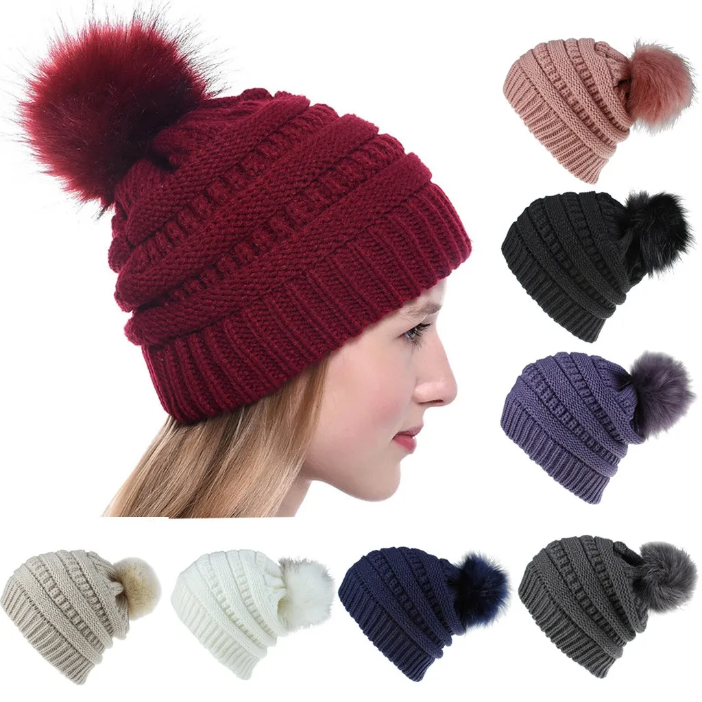 New Women Knitted Cap Girls Keep Warm Unisex Autumn Winter Beanies Female Hairball Hat Wool Hemming Ski | Аксессуары для одежды