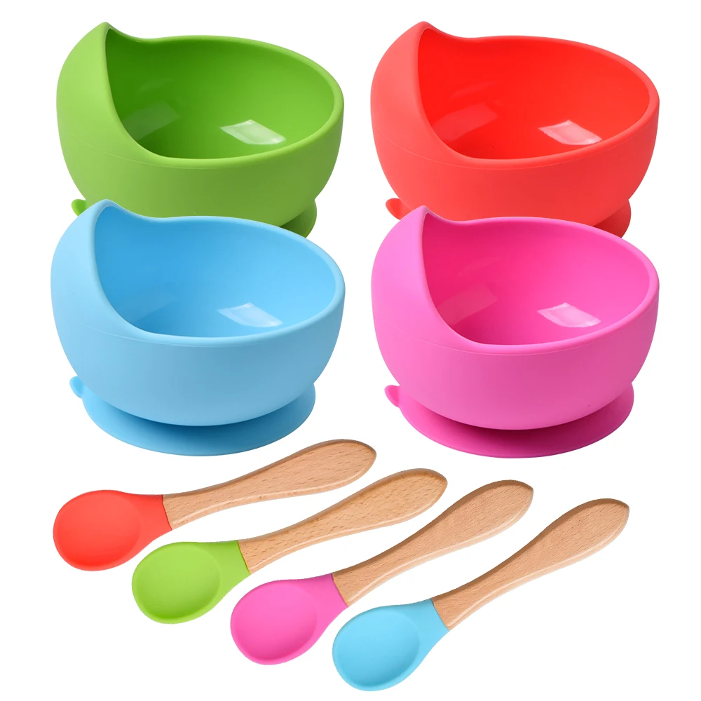Baby Silicone Bowl Set BPA Free Non-slip Children's Suction Bowl Wooden Handle Silicone Spoon Food Grade Waterproof Tableware