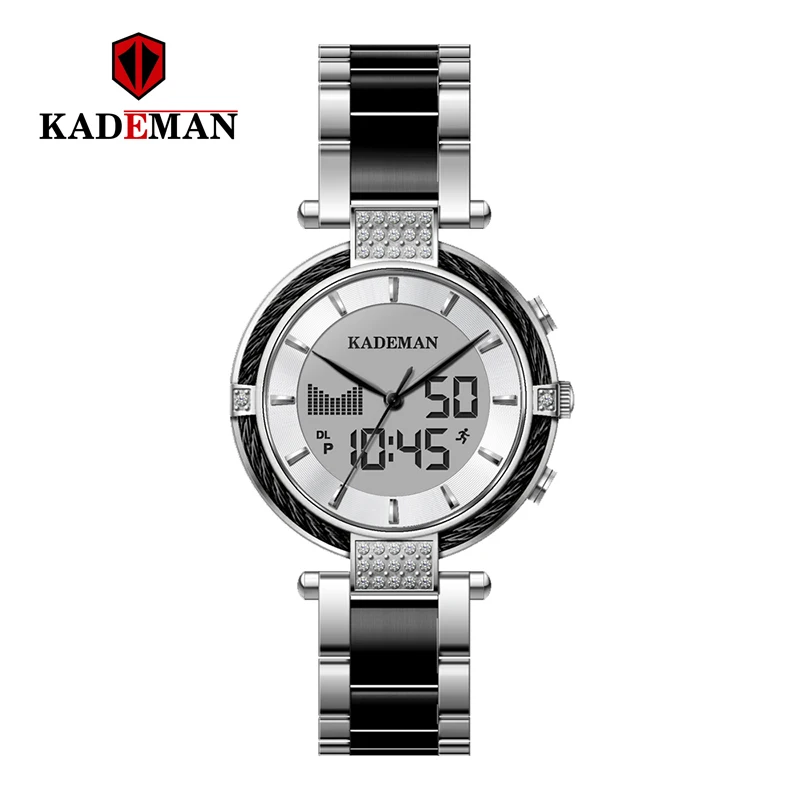 Kademan Relojes Para Mujer модные женские часы цифровой двойной дисплей Кварцевые часы из нержавеющей стали водонепроницаемые наручные часы - Цвет: silver black
