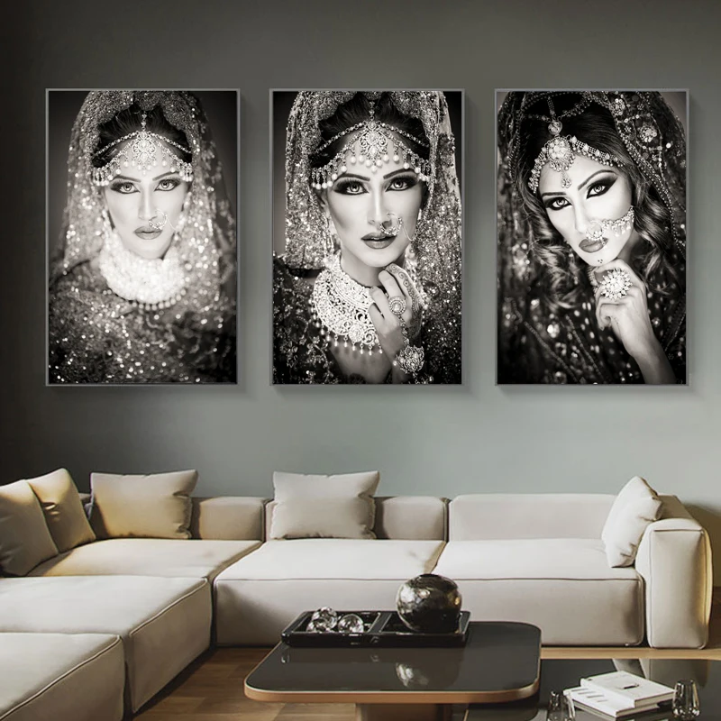 

Black and White Makeup Indian Women Canvas Painting on The Wall Posters and Prints Beaauty Female Wall Art Picture Home Decor