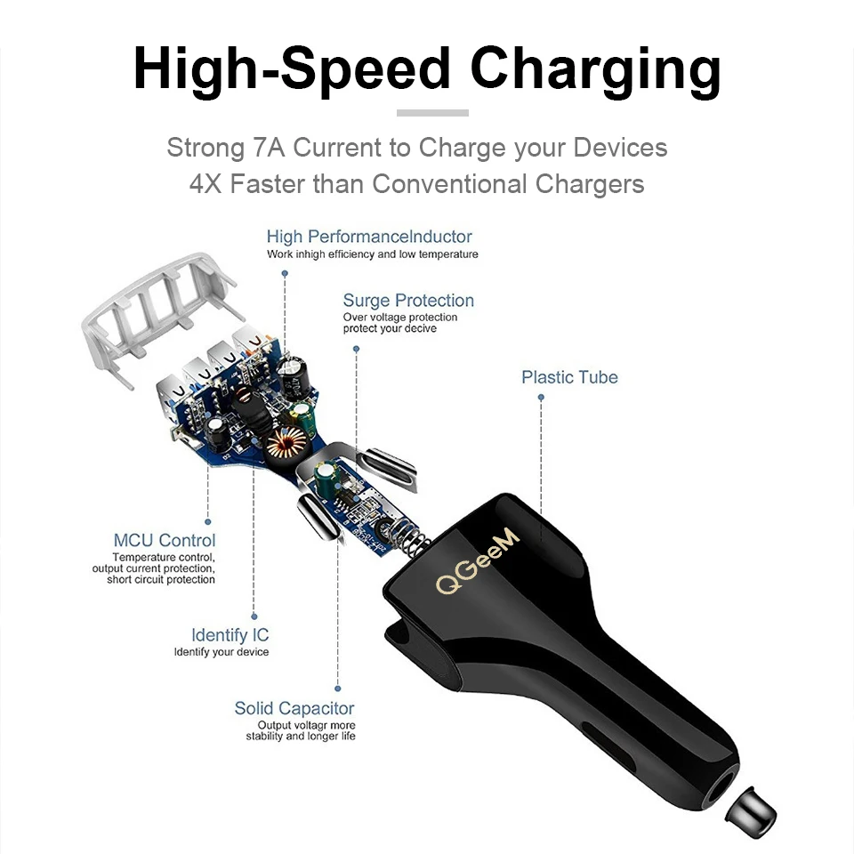 QGEEM-cargador de coche de 4 puertos USB QC 3,0, dispositivo de carga rápida 3,0, para iPhone Xiaom - Imagen 4