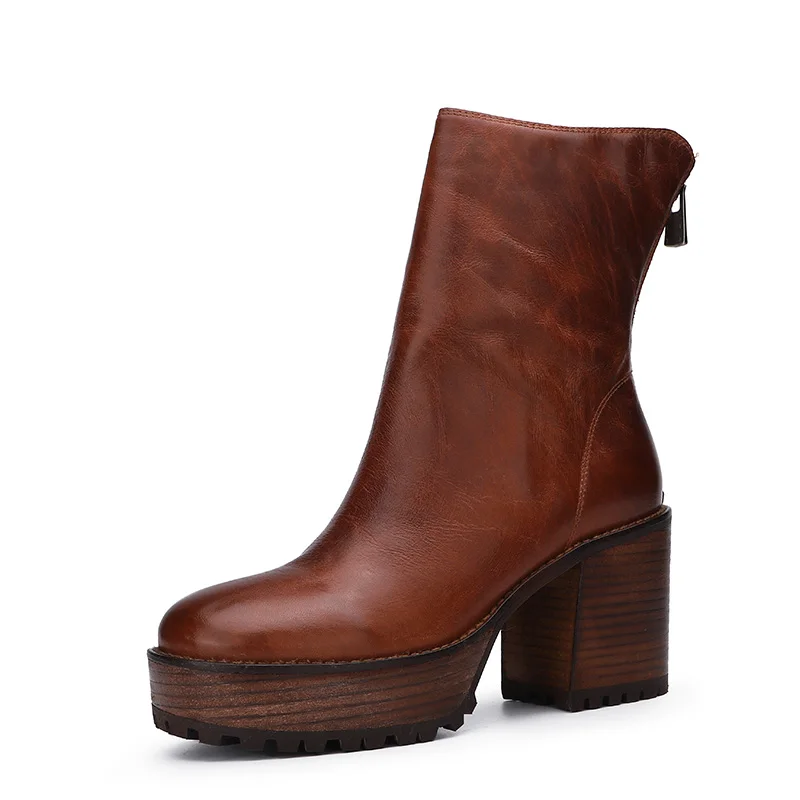 VALLU/ г., женские ботильоны осенне-зимняя винтажная женская обувь ручной работы из натуральной кожи с круглым носком на платформе ботинки на высоком каблуке - Цвет: Коричневый
