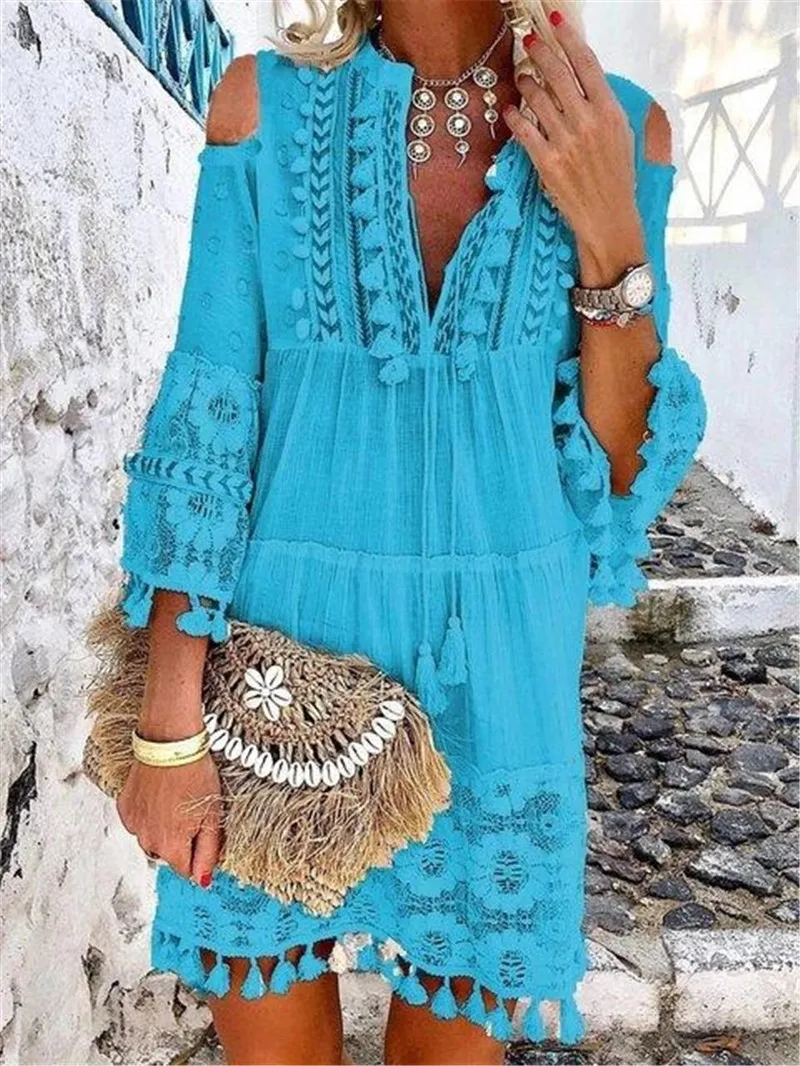 SZMALL Мода ЕС Бохо Мини платье для женщин осень поп Кисточкой Свободные V образным вырезом платья для леди пляж женская одежда - Цвет: Синий