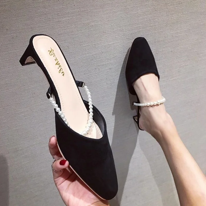 

Med Cover Toe String Bead Shallow Slippers Heels Luxury Slides Women Shoes 2019 Square heel High Designer New Block Rubber PU