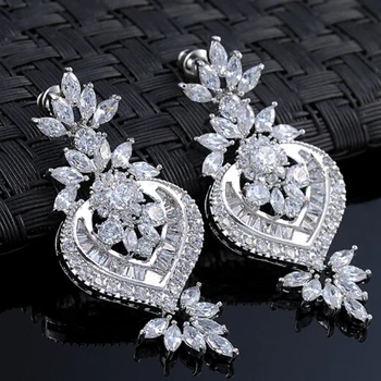 

UILZ Rose Gold Luxury Big Long Flower Pendant Drop Earrings With Shining CZ Brincos Bridal Women Wedding Party Jewelry UE187