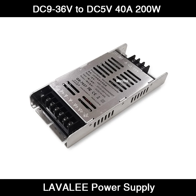

LAVALEE ASD-12D5N40A200DT Input DC9~36V to DC5V 40A 200W Power Supply for Taxi LED Card Display European standard