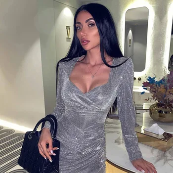 

Bright long sleeved sexy mini sexy dress stitching metalli pleated pailletten party night dress omighty bag hip v-neck
