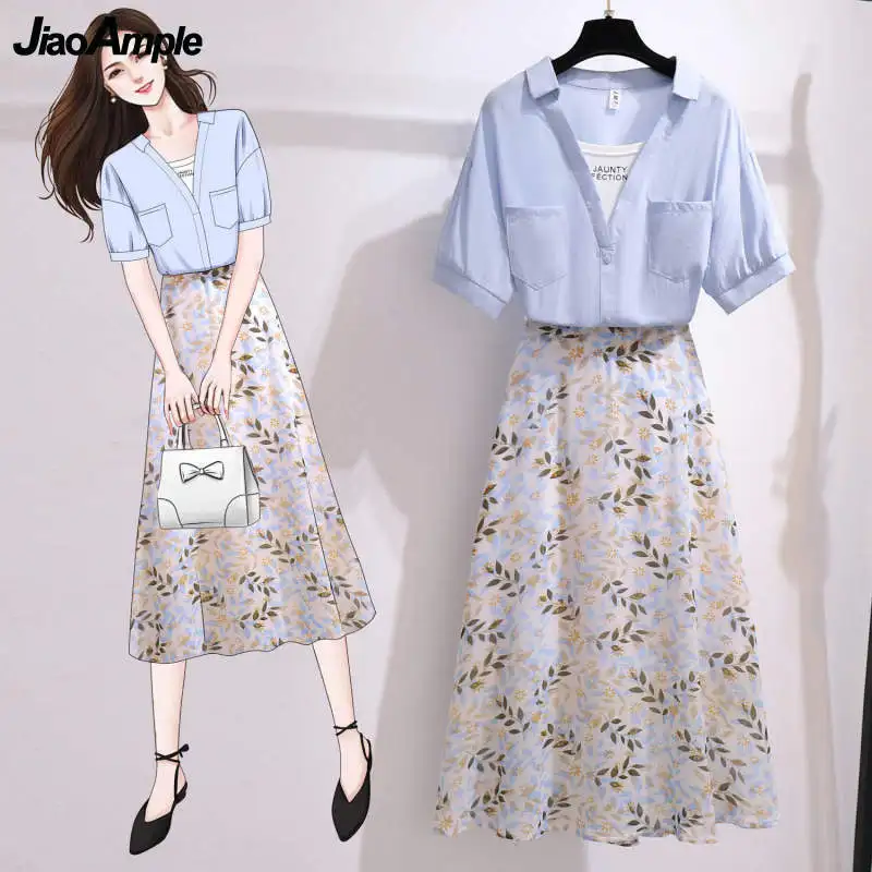 Women's 2 Pcs Clothing Set Summer 2021 Korean Girls Leisure Graceful Chiffon Skirts Shirts Suit Lady Beach Travel Blue Tops