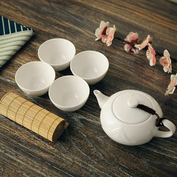 

Nordic Art Ceramic One Pot Four Cups Kung Fu Tea Set with Wooden Tray Simple Household White Teapot Bucket Teacup Business Gift