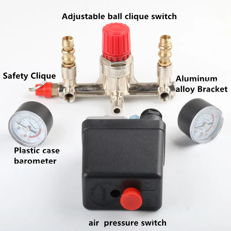 Air Compressor Pressure Valve Switch Manifold Relief Regulator Gauges 90-120PSI 230-220V Aluminum alloy bracket