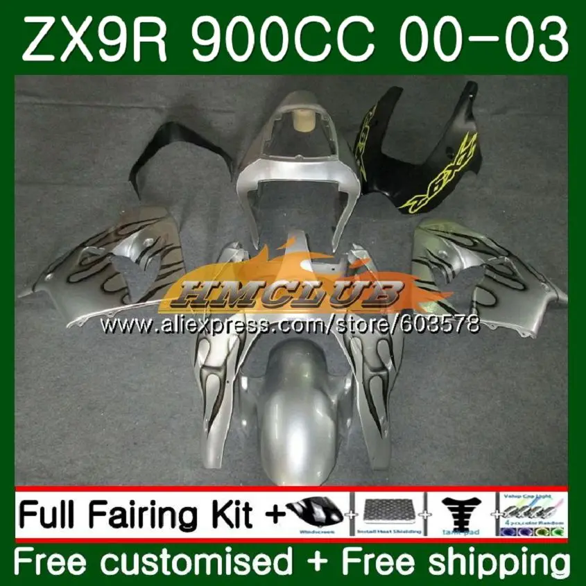 Корпус для KAWASAKI ZX-9R ZX 9R 9 R 900 ZX9R 00 01 02 03 111CL. 57 ZX900 ZX9 R 900CC 2000 2001 2002 2003 серебро черный обтекатели