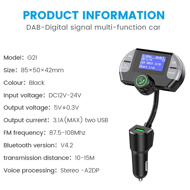 Dab Bluetooth fm-передатчик, беспроводной радио адаптер Hands-Free автомобильный комплект с дисплеем, Qc3.0 и Smart 2.1A Usb порты, Aux вход/о