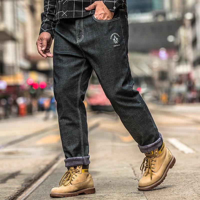Мужские Зимние флисовые толстые джинсы фланелевая подкладка стрейч джинсовое изделие свободного кроя ботфорты брюки 36 38 40 42 44 46