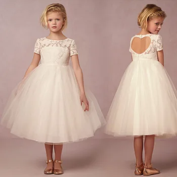 

2020 Princess Round Neck Tulle Short Sleeves Ball Gown Flower Girl Dress White Children Wedding Party Dress Primera Comunion