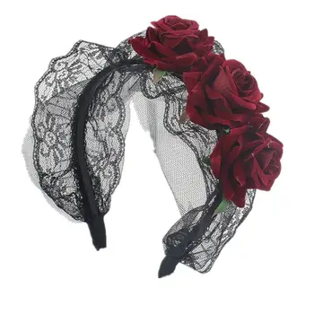 

Women Girls Gothic Simulation Rose Flower Headband Crochet Black Lace Wrapped Wide Hair Hoop Halloween Cosplay Party Headpiece