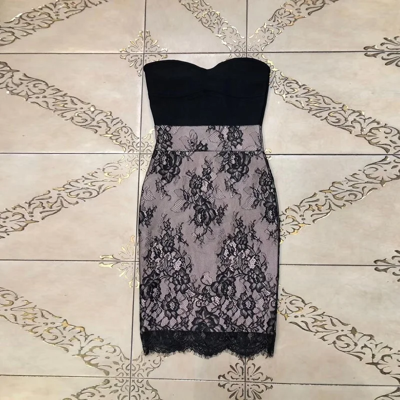 Черный Elegant Lace Women Sexy Strapless Dress Bandage Black Summer Sleeveless Close-fitting Mini Party Fashion Ladies Vestidos - Цвет: Черный