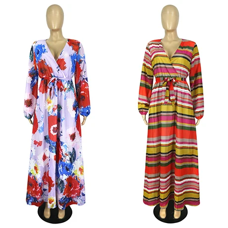 2021 Chiffon Long Sleeve Cross V-Neck Maxi Dress Bohemia Dress Full Plus Size Celebrity/Graduation/Dinner Dress Beach Sundress