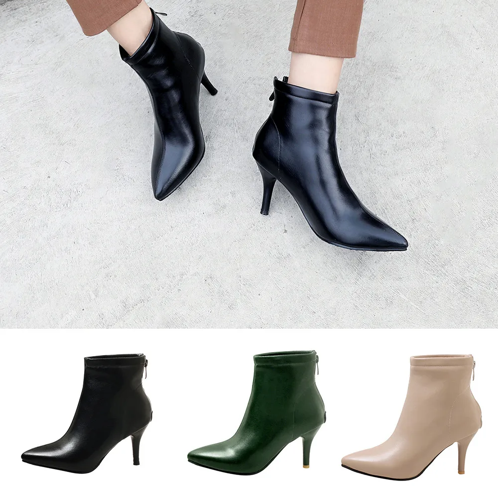 

New Winter Boots Women Zipper Fashion Thin High Heel Pointed-Toe Shoes Side Short Plush Fashion Shoes Woman Heels Ankle Boots