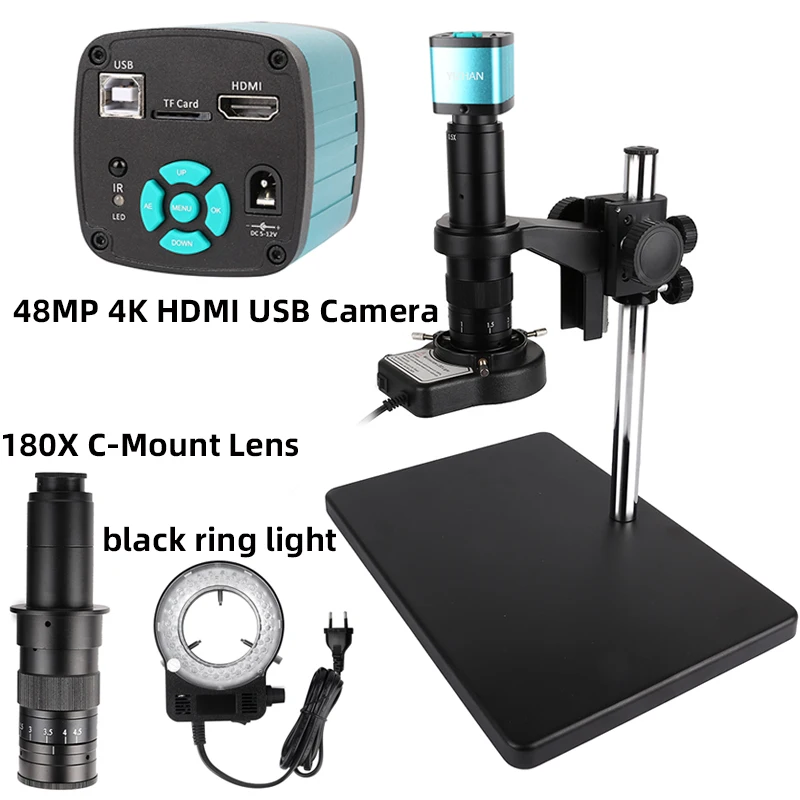 Nuovo 48Mp 1080P 4K Hdmi Usb Videocamera Digitale Industriale Per Microscopio Zoom 180X C-Mount Lens Led Ring Light Per Saldatura Pcb