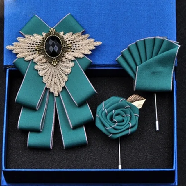 British New Fashion Men's Wedding Performance Groom Wedding-Party Flower Collar Bow Tie Pocket Towel Square Set Men Accessories Green set