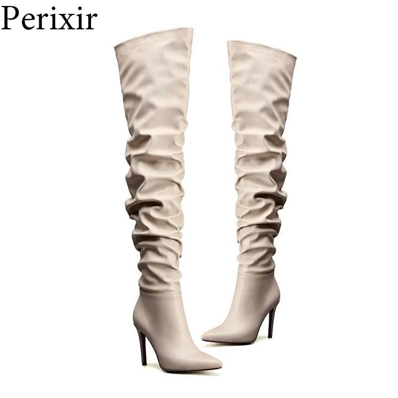 

Sexy Party Shoes Woman Over The Knee Boot Girls Fancy Dress 10cm Thin High-Heel Women Boots Pleated Pointed Toe Thigh High Boats