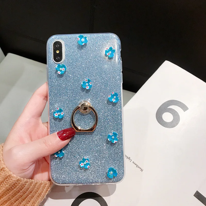 Блестящий чехол с блестками для iPhone 11 Pro XS Max XR Цветочная задняя крышка для iPhone 6S 7 8 Plus прозрачный мягкий ТПУ чехол-держатель с кольцом чехол - Цвет: Blue