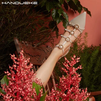 

2020 Spring Summer Chunky Heels Shoes Woman Patent Leather Rhinestone Women Sandals Pointed Toe Mirror Leather Party Shoes