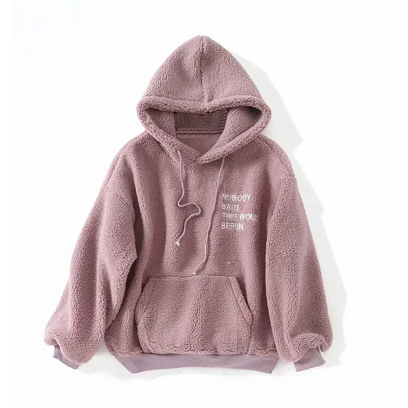 Pink Женские свободные повседневные толстовки с плюшевым капюшоном, зимние теплые толстовки с капюшоном и длинным рукавом, топы, карман для писем, флисовый пуловер с капюшоном - Цвет: Pink