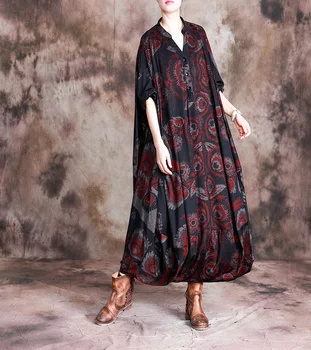 

Women Autumn Cotton Printed Irregular Dress Ladies Retro Loose Female Plus Size 2020 Spring Oversized Dress Robes