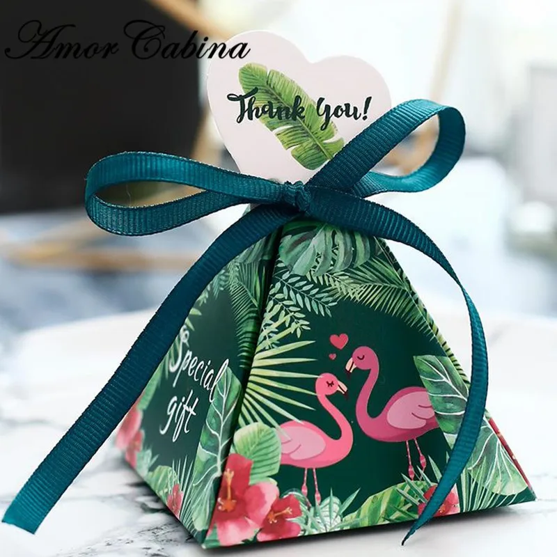 

Flamingo style gift box Triangular Pyramid wedding favor candy boxes for party favors babyshower party supplies+ribbon+card