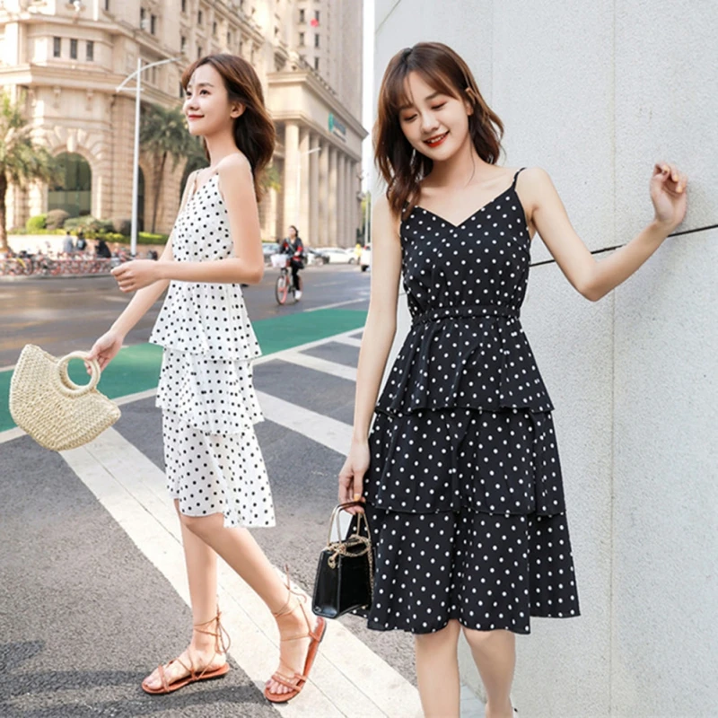 

Spaghetti Straps Polka Dot Dress Casual Chiffon High Waist Slim Dress Vestidos Plus Size Women Summer Beach Sundress